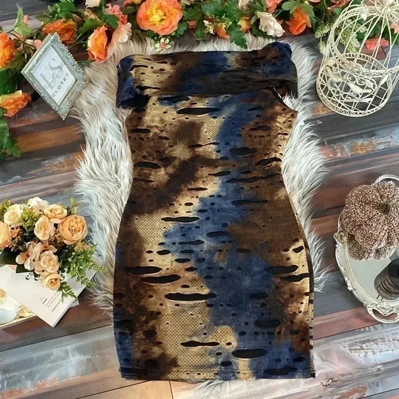 Samuel Dong Cowl Neck Brown and Blue Post Ripped Dress, L - Picture 4 of 9